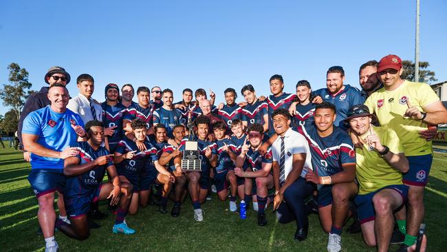 LANGER trophy schoolboy rugby league grand final between Palm Beach Currumbin SHS and Ipswich SHS. Ipswich SHS players with the trophy. Picture: NIGEL HALLETT