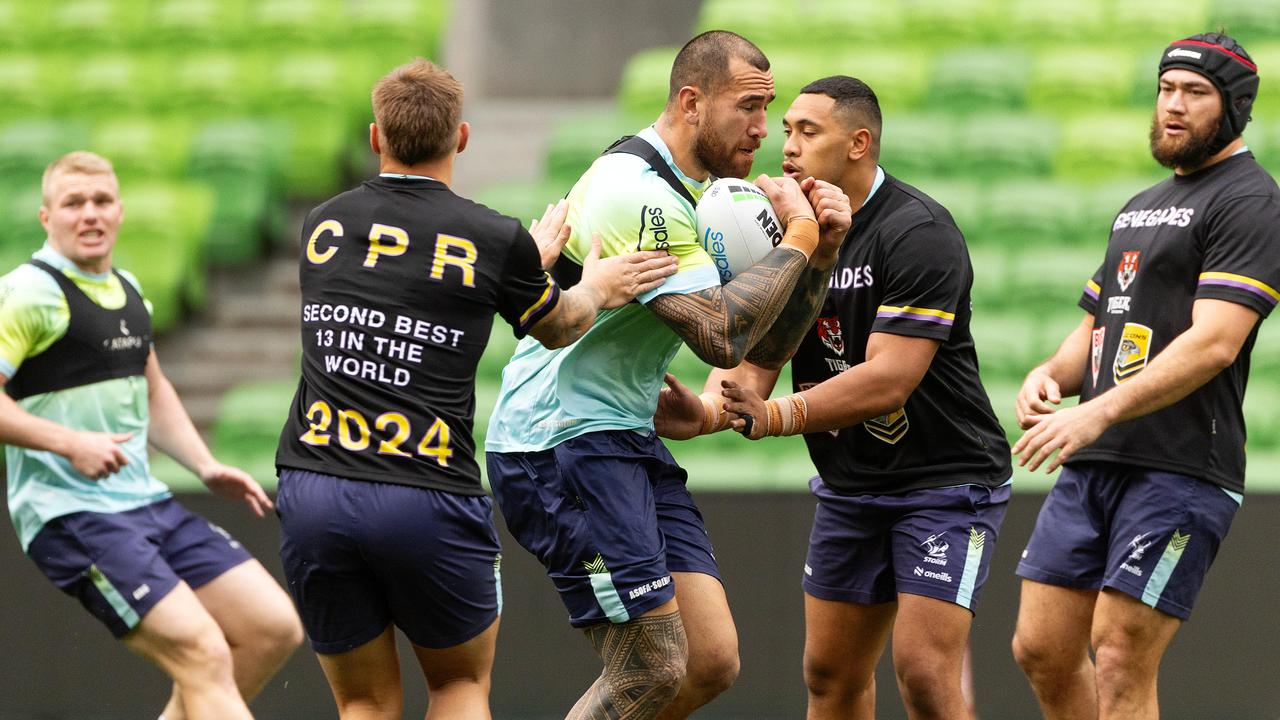 Nelson Asofa-Solomona and Melbourne Storm teammates training ahead the club’s home qualifying final at AAMI Park on September 14, against the Cronulla Sharks. Picture: Mark Stewart