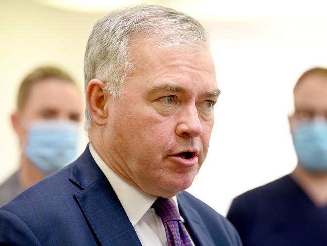 ADELAIDE, AUSTRALIA - NewsWire Photos SEPTEMBER 14, 2021: Health  Minister Stephen Wade speaks to the media at a new pop-up COVID-19 vaccination clinic which opened at the Myer Centre in Rundle Mall from today, Tuesday 14 September. Picture: NCA NewsWire / Naomi Jellicoe