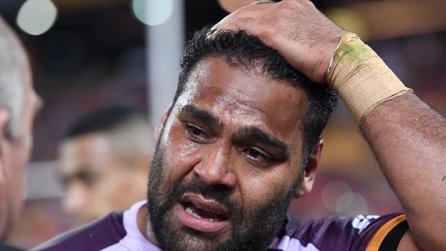 An emotional Sam Thaiday is officially retired from the NRL. (AAP Image/Dave Hunt)