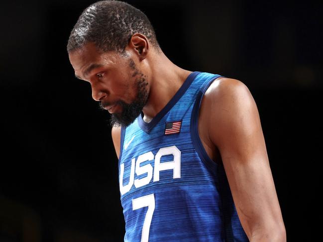 SAITAMA, JAPAN - JULY 25: Kevin Durant #7 of Team United States walks off the court with his head down after the United States lost to France in the Men's Preliminary Round Group B game on day two of the Tokyo 2020 Olympic Games at Saitama Super Arena on July 25, 2021 in Saitama, Japan. (Photo by Gregory Shamus/Getty Images)