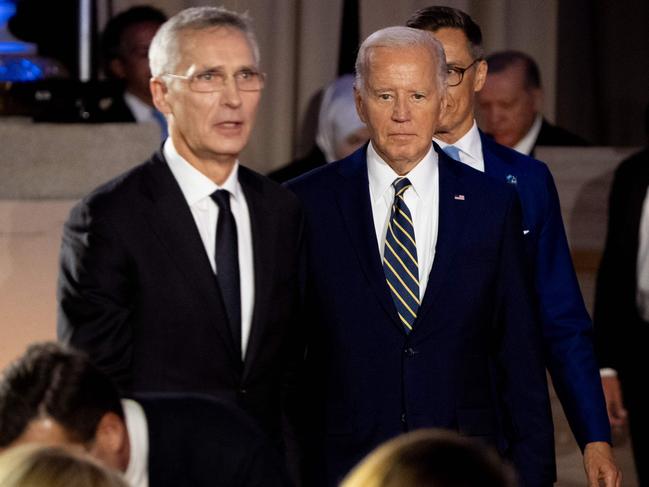 WASHINGTON, DC - JULY 9: U.S. President Joe Biden and NATO Secretary General Jens Stoltenberg (L) arrive for a NATO 75th anniversary celebratory event at the Andrew Mellon Auditorium on July 9, 2024 in Washington, DC. NATO leaders convene in Washington this week for its annual summit to discuss their future strategies and commitments, and marking the 75th anniversary of the alliance's founding.   Andrew Harnik/Getty Images/AFP (Photo by Andrew Harnik / GETTY IMAGES NORTH AMERICA / Getty Images via AFP)