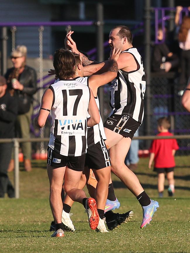 North Geelong's Blake Miller celebrates a goal. GDFNL North Geelong v Bannockburn. Picture: Alan Barber