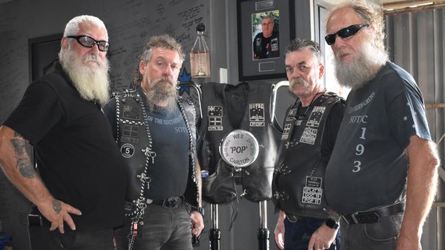 The memorial at Handlebar Heaven, Ooralea, created by Sons of the Southern Cross Mackay members for fellow late member Wes "Pop" Carlton who died in a tragic crash in Kyogle, New South Wales on October 20 last year. Pictured are SOSS members Ted "Bubbles" Walters, James "Knuckle" McGovern, President Ken "Smiley" Hyde and Josh "Professor" Van Loenen. Picture: Heidi Petith