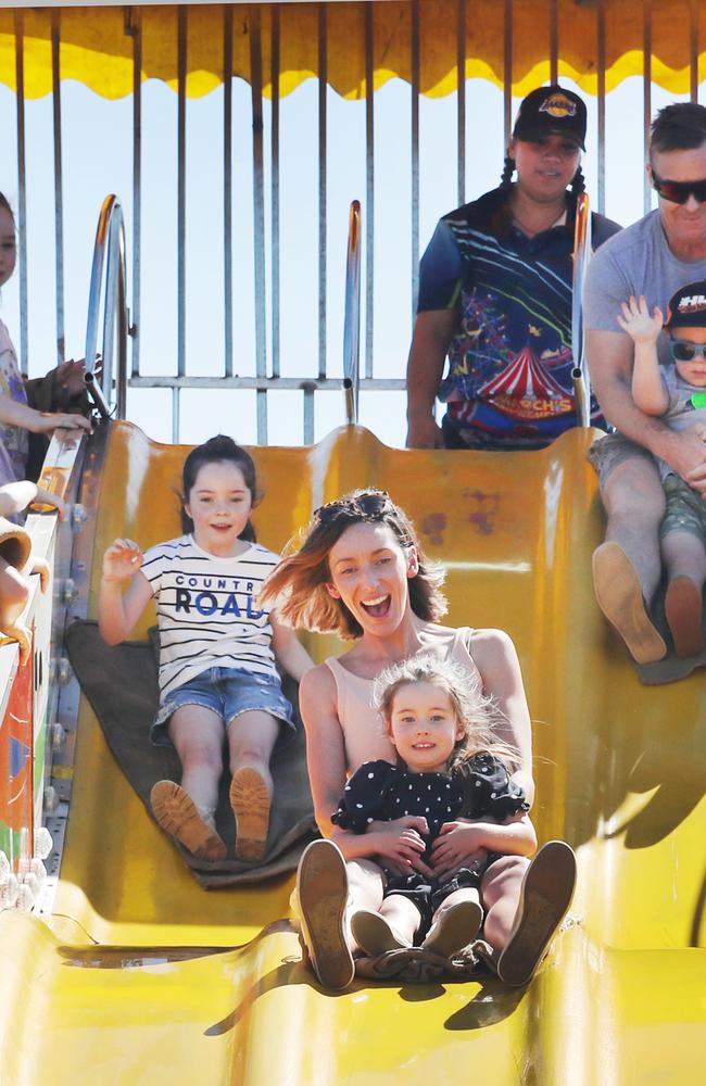Huge crowds for the first day of the Gold Coast Show. On the giant slide were Elle Newman and daughter Zoe, 3. Picture: Glenn Hampson