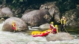 On Monday members of the Cairns team of the Queensland Fire and Emergency Services Swiftwater Unit continued their part in the multi-agency search for a woman who went missing after being swept away at Mossman Gorge in Far North Queensland. Picture: Supplied