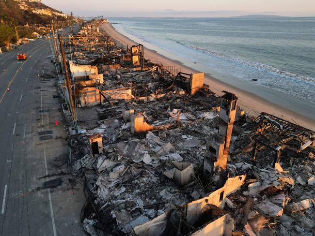 This aerial picture shows the remains of oceanfront homes destroyed in the Palisades fire along the Pacific Coast Highway in Malibu. Picture: AFP