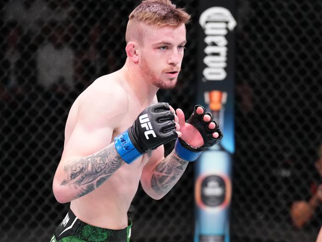 LAS VEGAS, NEVADA - JANUARY 13: (L-R) Tom Nolan of Australia battles Nikolas Motta of Brazil in a lightweight fight during the UFC Fight Night event at UFC APEX on January 13, 2024 in Las Vegas, Nevada. (Photo by Chris Unger/Zuffa LLC via Getty Images)