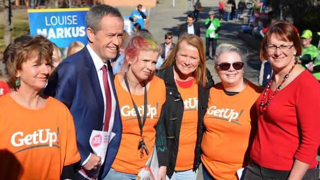 Labor leader Bill Shorten surrounded by members of GetUp when he made an election day visit to Winmalee in 2016.