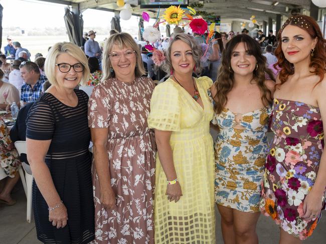 At Warwick Cup race day are (from left) Yvette Wallace, Liz Cockram, Tegan Cockram, Lydia Wallace and Rachael Doherty at Allman Park Racecourse, Saturday, October 14, 2023. Picture: Kevin Farmer