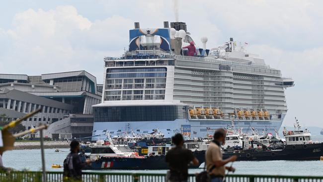 The Royal Caribbean International cruise ship Quantum of the Seas is now docked at Marina Bay Cruise Centre in Singapore following a passenger testing positive for COVID-19. Picture: Roslan Rahman / AFP