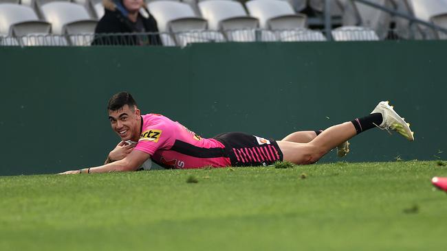 Penrith's Charlie Staines scores his 3rd try during the NRL match between the Cronulla Sharks and Penrith Panthers at Kogarah Oval. Picture. Phil Hillyard