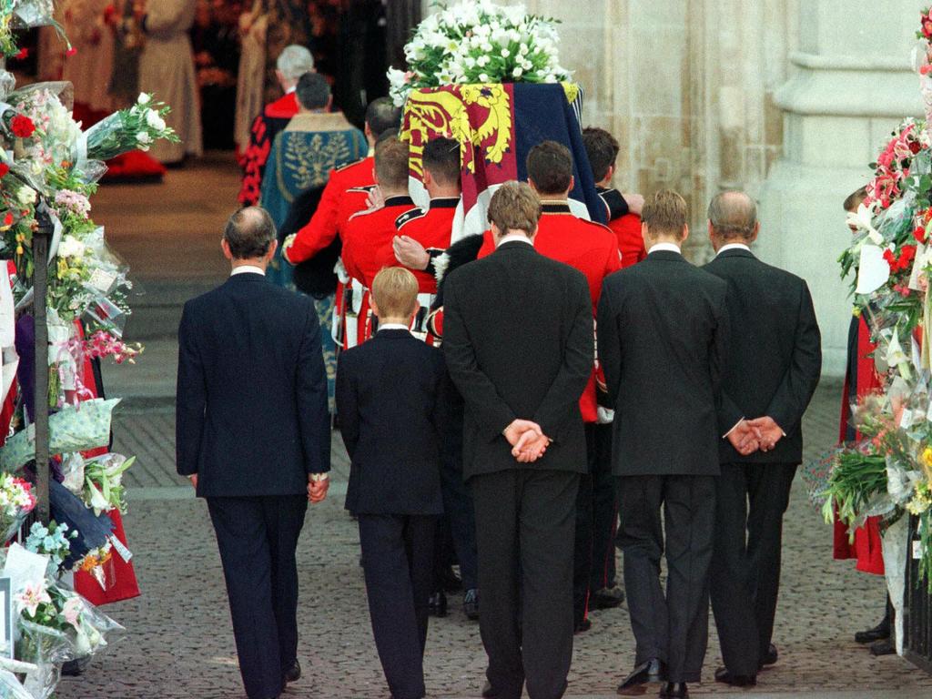 Prince Charles, Prince Harry, Earl Spencer, Prince William and the Duke of Edinburgh follow Diana’s coffin as it was carried into Westminster Abbey. Picture: AFP