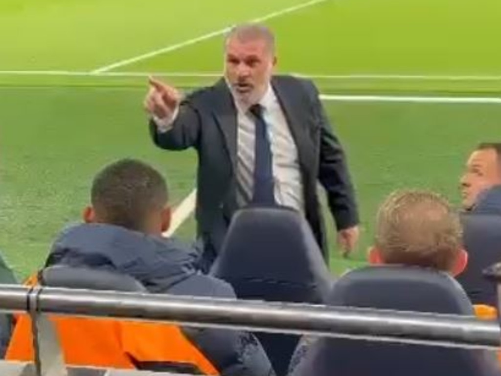 Ange Postecoglou fired up at a fan. Picture: @Spurserk on Twitter