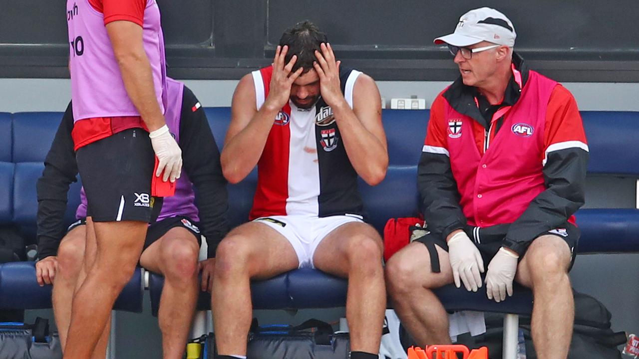 St Kilda’s Paddy McCartin after leaving the field with a possible concussion in 2019.