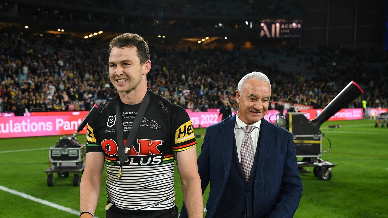 Rodney Churchill (R) after presenting the medal named after his father. Pic: NRL Photos