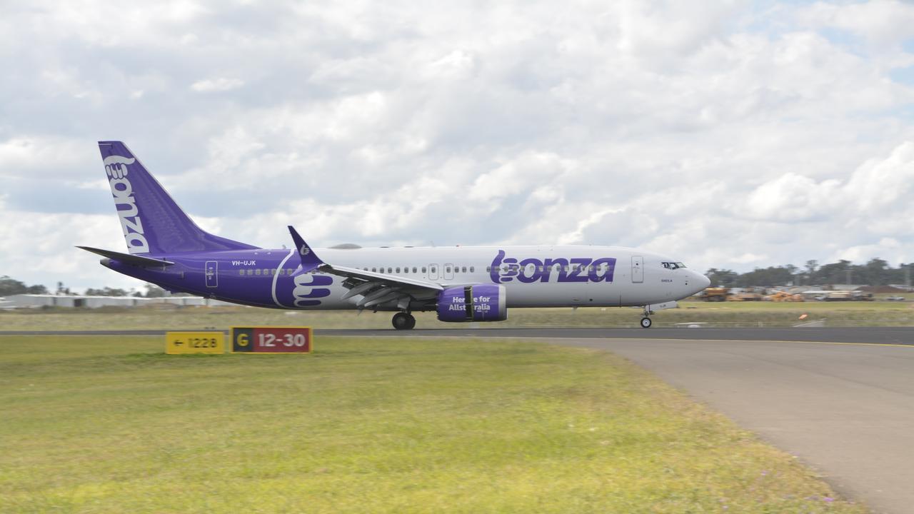 The first Bonza flight from Melbourne lands at Toowoomba Wellcamp Airport on April 17, 2023.