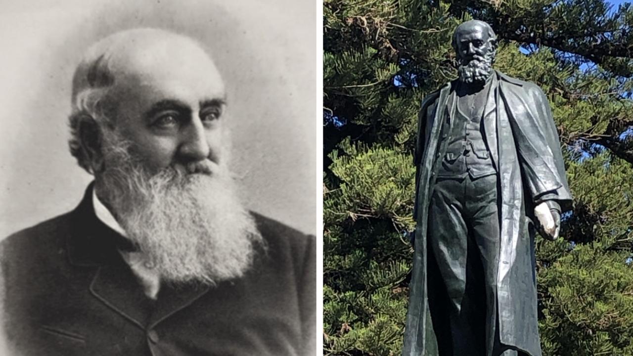 George Lansell pictured in the late 1800s, and his statue holding a chunk of quartz, which stands in central Bendigo.