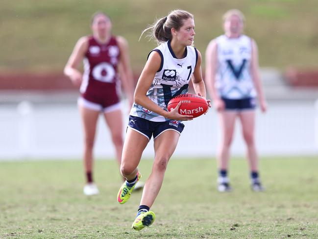 BRISBANE, AUSTRALIA - JULY 07: Sara Howley of Victoria Country kicks during the Marsh AFL National Championships match between U18 Girls Queensland and Victoria Country at Brighton Homes Arena on July 07, 2024 in Brisbane, Australia. (Photo by Chris Hyde/AFL Photos/via Getty Images)