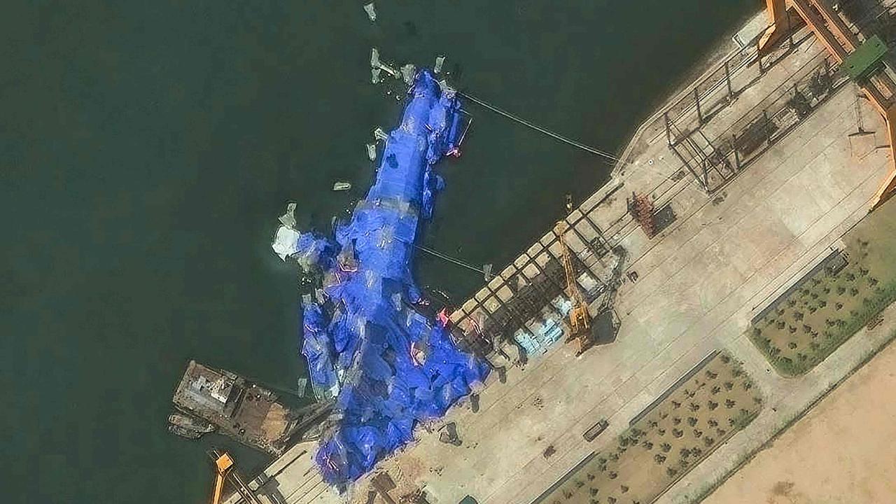 An image taken on May 23, 2025 showing the new North Korean naval destroyer. Picture: Maxar Technologies/AFP