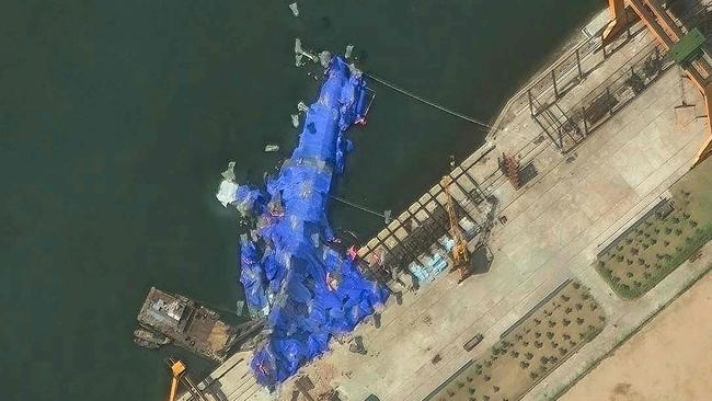 An image taken on May 23, 2025 showing the new North Korean naval destroyer. Picture: Maxar Technologies/AFP