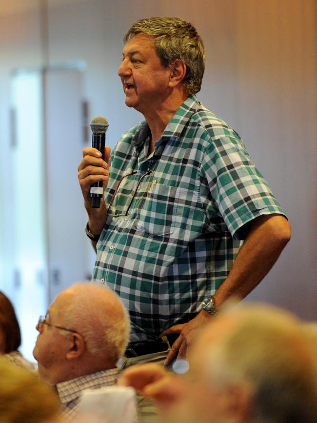 Former Federal MP and Keating Government minister Chris Schacht asks a question in a Crows members meeting at Adelaide Oval in February 2016. Picture: Mark Brake