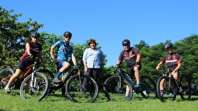 Mackay MP Julieanne Gilbert with Mad Mountain Bike Club members Ethan, Cody, Dylan and Connor, announcing $500,000 funding for the Pioneer Valley Mountain Bike Trail in early 2021. Picture: Facebook