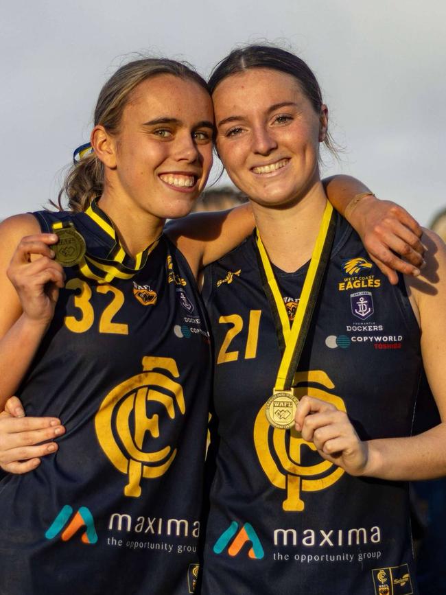Eva Campo celebrates Claremont's 2024 premiership with teammate Bridie Garlick. Picture: Supplied.