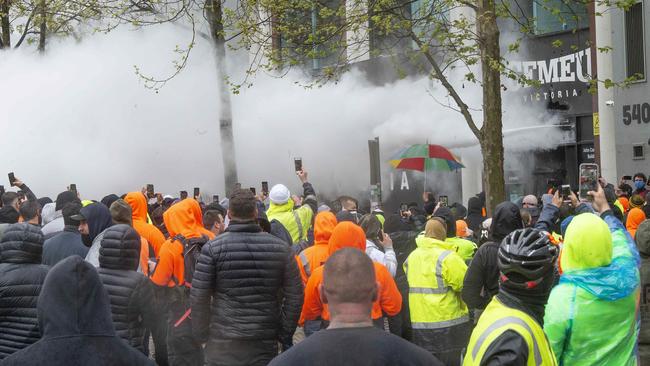 Construction workers protest outside CFMEU headquarters in Melbourne. Picture: Rob Leeson