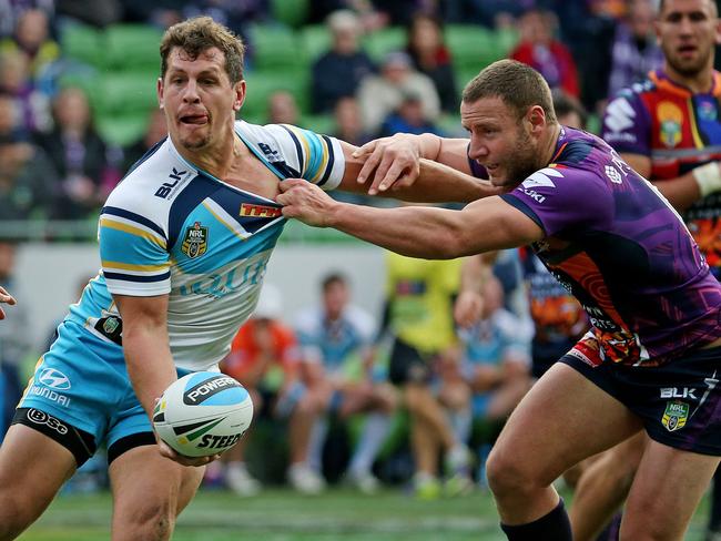 Titan Greg Bird looks to offload against the Storm in Melbourne. Bird is worth $331,400. Picture: Colleen Petch.