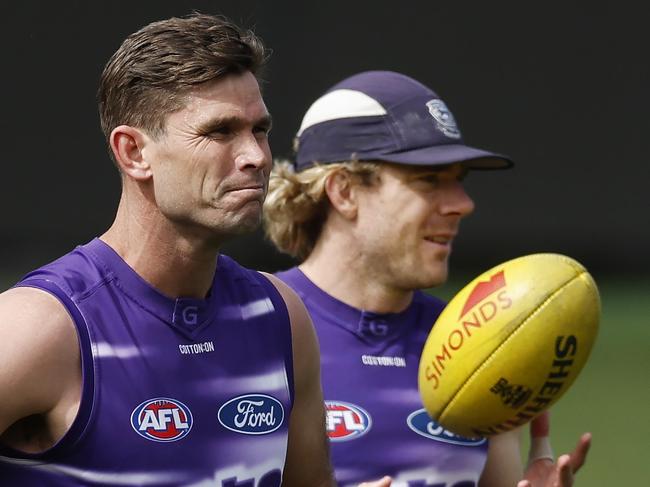 NCA. MELBOURNE, AUSTRALIA. September 16 , 2024. Geelong training at GMNBA Stadium, Geelong.  Tom Hawkins and Cameron Guthrie of the Cats during todays session   . Pic: Michael Klein