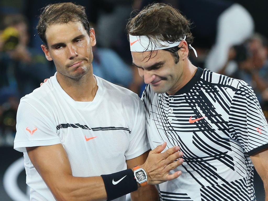 Roger Federer (R) with his great rival Rafael Nadal after winning the 2017 Australian Open. Picture: Michael Dodge/Getty