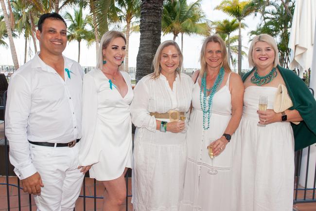 Frank Attard, Nadine Becker, Denise Phillips, Gillian Smith and Gena Patterson at Mantra Mackay for a Touch of Teal Soiree Trudy Crowley Foundation fundraising event 2022 Picture: Michaela Harlow