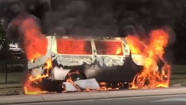 Two tradies were lucky to escape from their burning van.