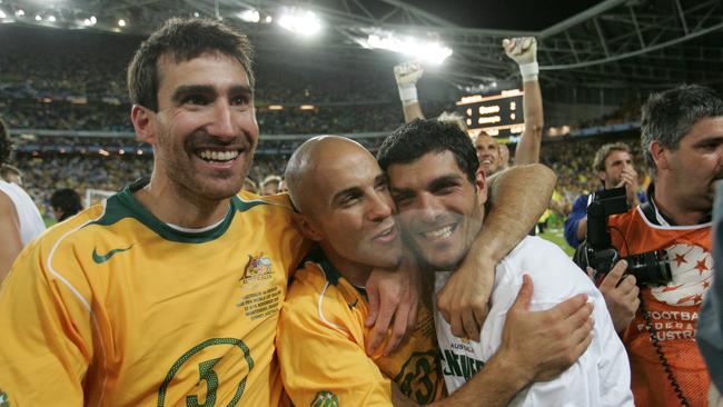 Golden Generation Socceroos Tony Vidmar, Marco Bresciano and John Aloisi after beating Uruguay in 2005