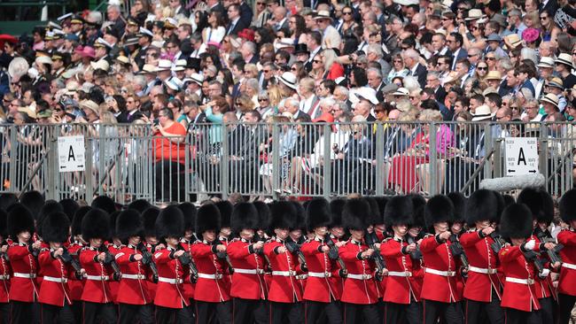 Members of the queen's personal troops, the Household Division march at The Royal Horseguards during Trooping The Colour ceremony. Picture: Getty