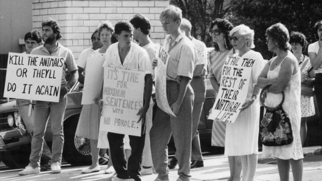 Crowd protest the killing of Anita Cobby after brothers Michael Murphy, Garry Murphy and Leslie Murphy were convicted along with two others of the abduction and murder of nurse Anita Cobby in 1986.