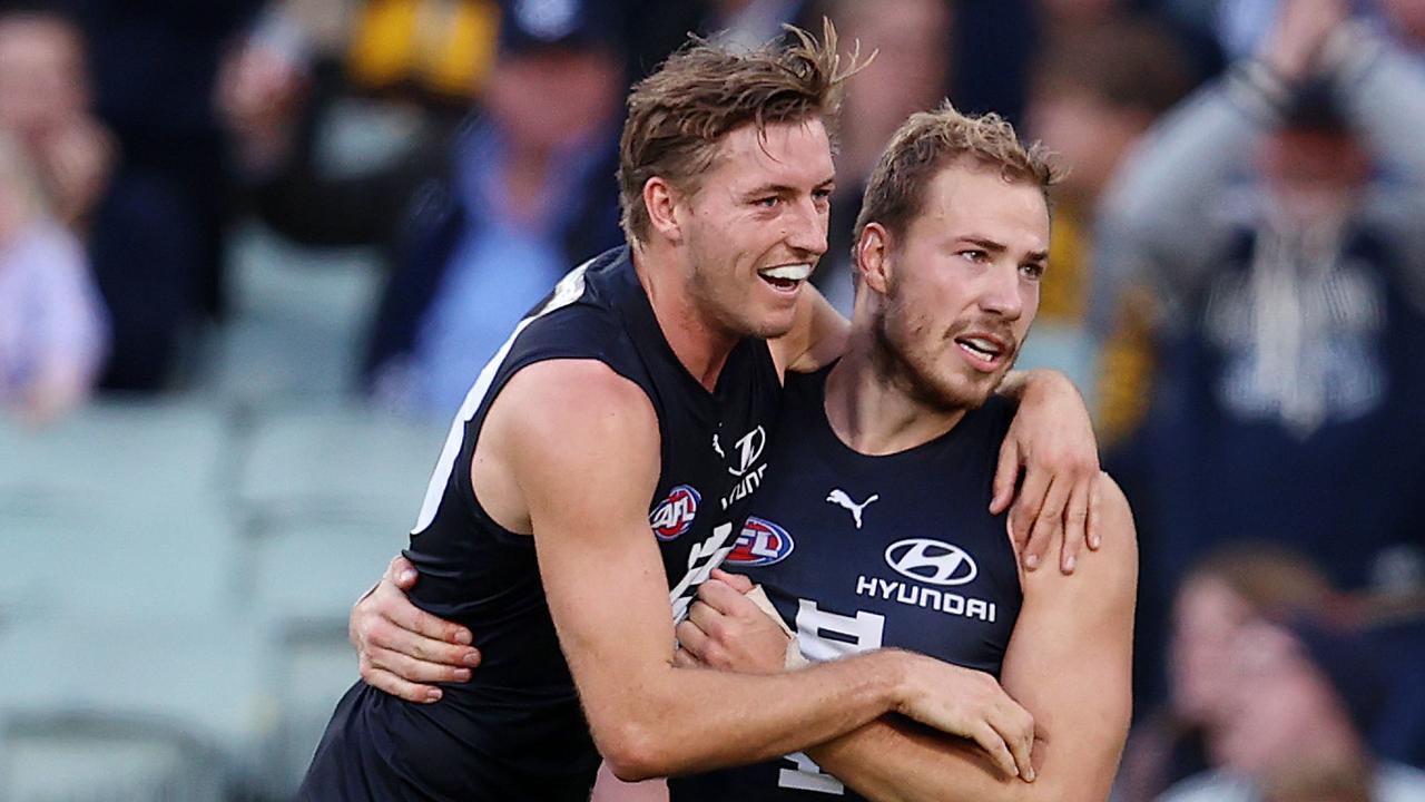 Harry McKay and Will Setterfield enjoy a goal as the Blues seal the deal in the final quarter. Picture: Michael Klein