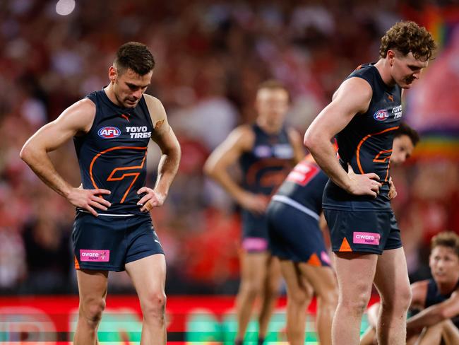 SYDNEY, AUSTRALIA - SEPTEMBER 07: Stephen Coniglio of the Giants looks dejected after a loss during the 2024 AFL First Qualifying Final match between the Sydney Swans and the GWS GIANTS at The Sydney Cricket Ground on September 07, 2024 in Sydney, Australia. (Photo by Dylan Burns/AFL Photos via Getty Images)