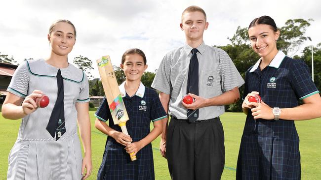 Sport star athletes at Matthew Flinders Anglican College. Cricket: Zoe Valencic, Rosie McMahon, Thomas Cain and Isabella Sammut. Picture: Patrick Woods.