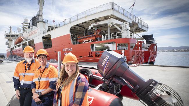 Australian Antarctic Division's voyage leader Keith Ashby with watercraft co-ordinator Carly Pitassi and watercraft operator Dr Jaimie Cleeland will embark to Casey Station in Antarctica for a Christmas resupply and vital science projects on Wednesday. Picture: Chris Kidd