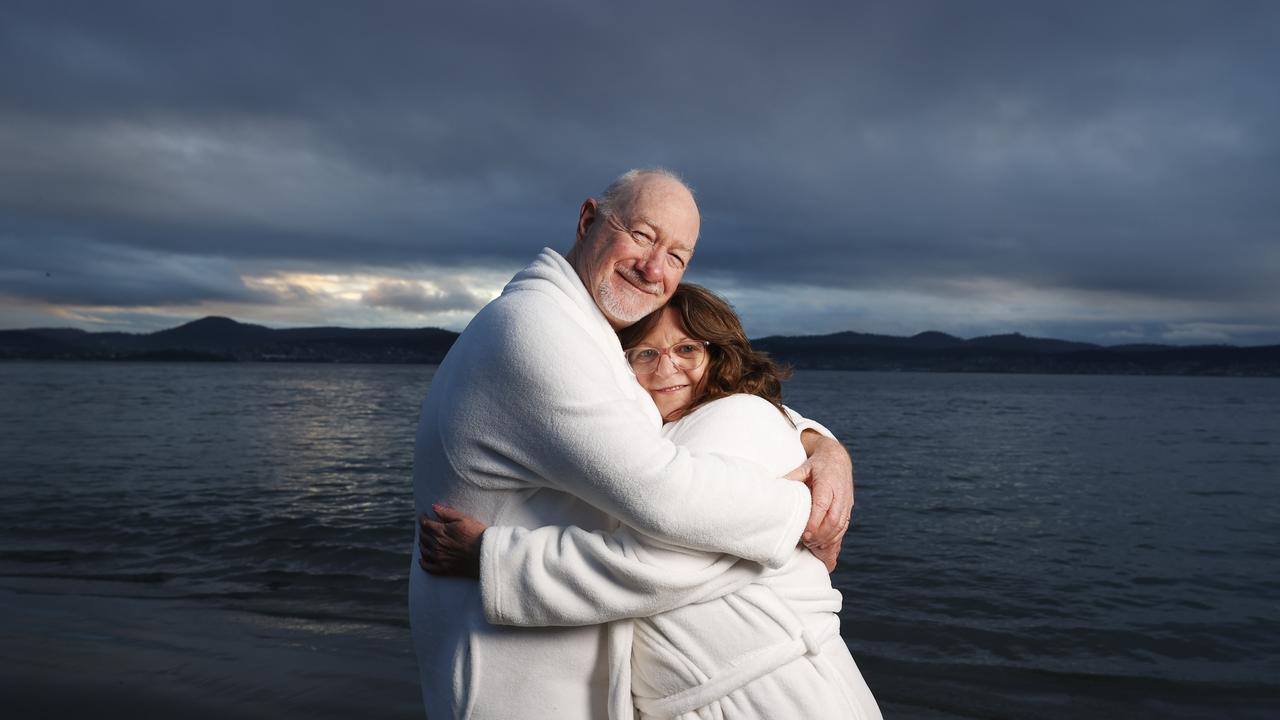Dennis and Dianne Donaldson married couple from Brisbane who keep returning to Hobart to take part in the swim. Dark Mofo Nude Solstice Swim 2024 at Long Beach Sandy Bay. Picture: Nikki Davis-Jones