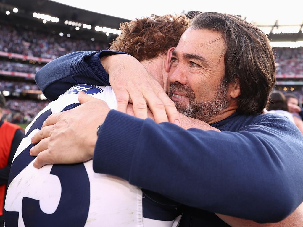 Chris Scott embraces Gary Rohan after Geelong’s 2022 Grand Final victory. Picture: Cameron Spencer/AFL Photos/via Getty Images