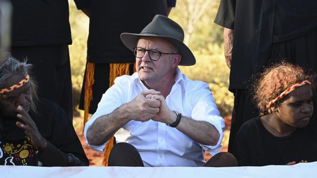 Prime Minister Anthony Albanese visiting Uluru ahead of the 2023 Voice to Parliament Australian referendum. Picture: NCA NewsWire / Martin Ollman