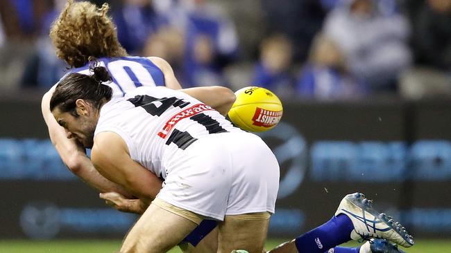 Brodie Grundy brings down Ben Brown. Picture: Getty Images