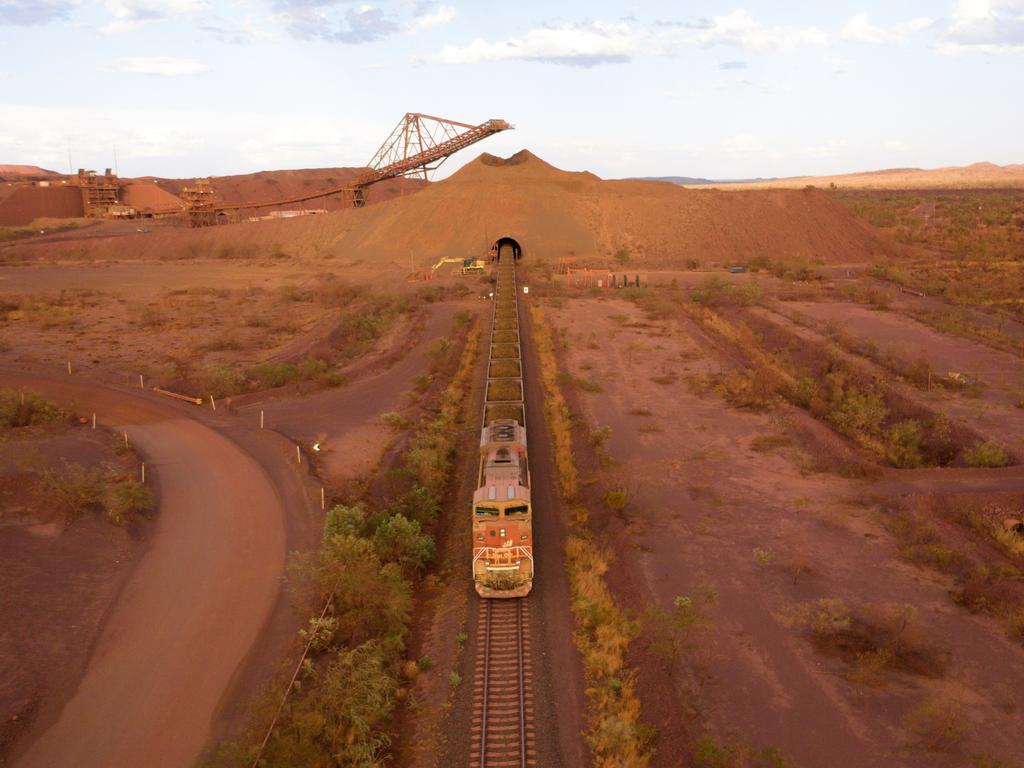 BHP iron ore train in the Pilbara, Western Australia. Picture: Gerrit Nienaber.