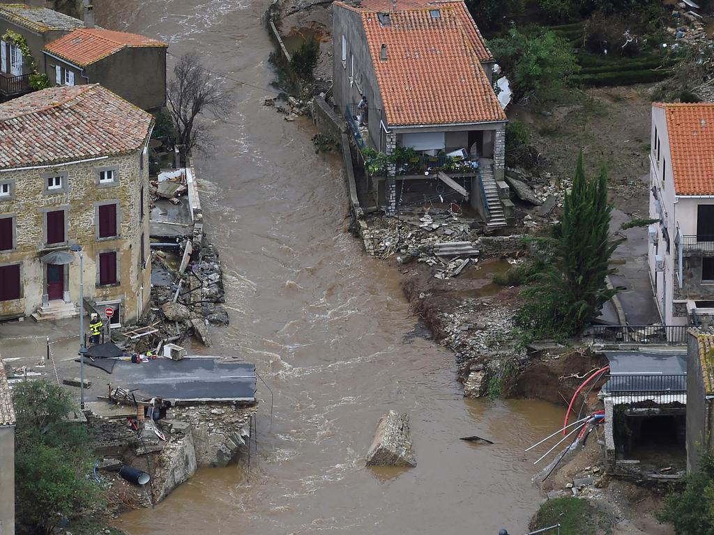 An aerial view shows a collapsed bridge in the city of Villegailhenc, near Carcassonne, southern France. Picture: AFP