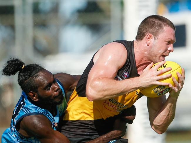 Trent Melville and Donga Maymuru as Nightcliff V Buffs at Nightcliff Oval.Picture GLENN CAMPBELL