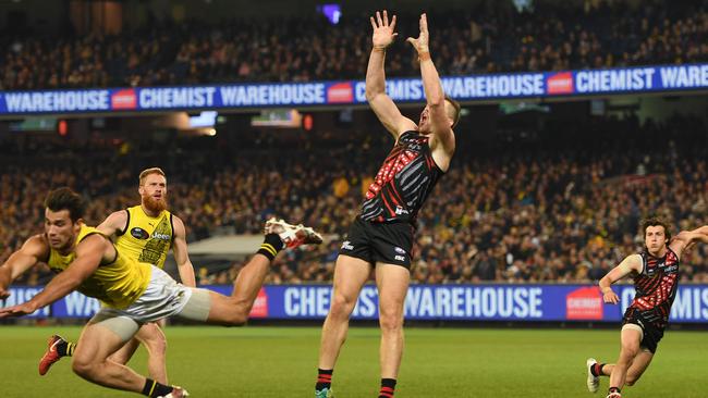 Alex Rance of the Tigers receives a free kick for a push.