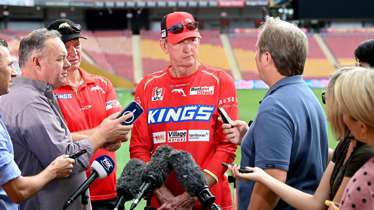 Dolphins coach Wayne Bennett talks to the media. Picture: Getty Images